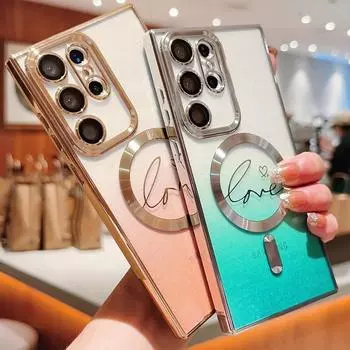 Цветной чехол с позолоченной рамкой для камеры для Samsung Galaxy S24 S23 Ultra S22 Plus, магнитный прозрачный чехол из ТПУ с изображением сердца, чехол в виде ракушки Samsung S24 чёрный