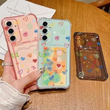 Цветной чехол с принтом сердец любви и прозрачным слотом для карт для Samsung S24 FE S23 Ultra S22 A16 A55 A15 A35 A54 A14, прозрачный противоударный мягкий силиконовый чехол для телефона Samsung S24 серый