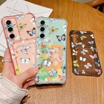 Цветной чехол с рисунком бабочки и слотом для карт для Samsung S24 FE S23 Ultra S22 A55 A16 A54 A15 A35 A34, мягкий силиконовый противоударный прозрачный чехол для телефона Samsung S24 серый