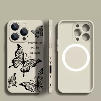 Цветной чехол с рисунком бабочки TPU тонкий магнитный чехол для iPhone 16 Pro Max 15 Plus 14 Pro 13 12 11 шнурок мягкий матовый противоударный чехол для телефона Magsafe iPhone 16 чёрный