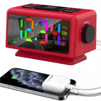 Цветной цифровой будильник с 7 цветами и 4 меняющимися цветами, большой 5-дюймовый светодиодный дисплей с регулировкой яркости красный