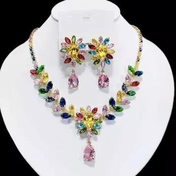 Цветной циркон Роскошный комплект ожерелья и серег Премиум Серебряные серьги-иглы Цирконовое ожерелье