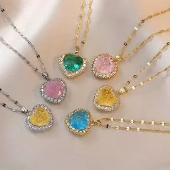 Цветной циркониевый кулон из нержавеющей стали, ожерелье-цепочка для губ, женское персиковое сердце, инкрустированное циркониевым ожерельем жёлтый/серебряный