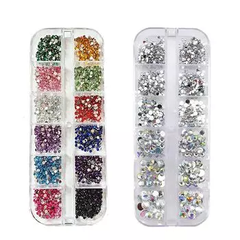 Цветной цветной нейл-арт, большой, 12 прозрачных стеклянных камней, хрустальный камень для ногтей, набор из 2 футляров со стразами, детали, емкость, цвета,