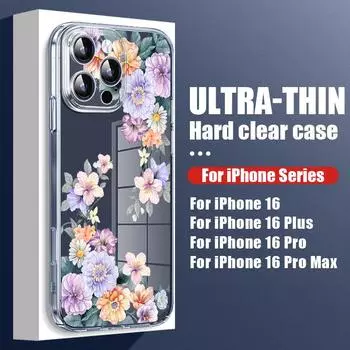 Цветной цветочный принт Прозрачный ударопрочный чехол для телефона iPhone 16 Pro Max 15 Pro 14 13 12 11 Жесткий ПК Защита линз Тонкий прозрачный бампер Чехол iPhone 16