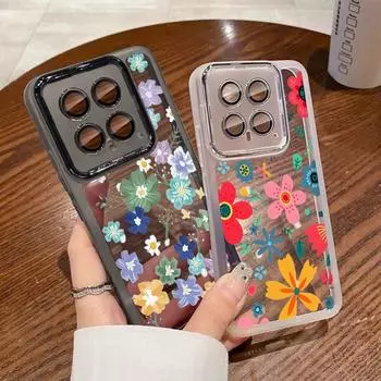 Цветной цветочный узор прозрачный мягкий силиконовый чехол для телефона Xiaomi 13t Poco X6 Pro Redmi Note 12 Pro 5g со стеклянным объективом противоударная прозрачная задняя крышка Xiaomi Poco X6 Pro чёрный