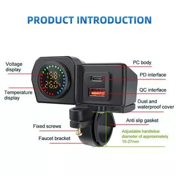 Цветной дисплей Dual QC3.0 PD зарядное устройство для мотоцикла Быстрая зарядка Вольтметр Термометр Цифровой дисплей Гнездо для зарядного устройства мобильного телефона