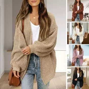 Цветной кардиган, свитер, фонарь, вязаное пальто с длинными рукавами и открытой передней частью, трикотажная одежда средней длины, верхняя одежда светло-коричневого
