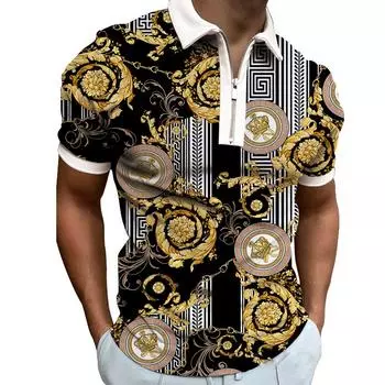 Цветной контраст с коротким рукавом ПОЛО Модная мужская повседневная новая футболка с цветочным принтом на молнии S чёрный