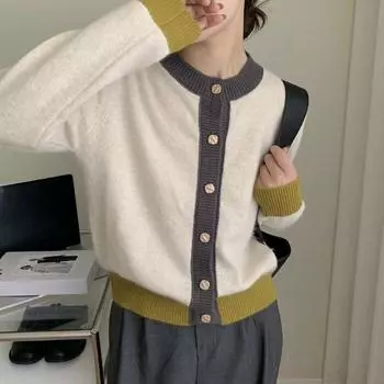 Цветной контрастный бархатный вязаный кардиган для женщин, весенне-осенний свободный дизайн, мягкий восковой свитер, кардиган, женские топы