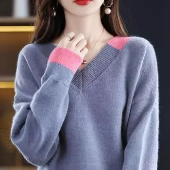 Цветной контрастный пуловер, свитер, женский корейский свитер с v-образным вырезом и длинным рукавом, свободный, с круглым вырезом, в стиле пэчворк, повседневный свитер, пуловер, женская одежда One Size синий