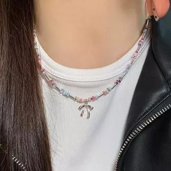 Цветной кристалл бисера бант ожерелье женский нишевый дизайн Sense маленький свежий ключичная цепочка универсальный темперамент шейная цепочка