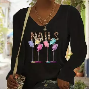 Цветной лак для ногтей с принтом женские футболки женские топы с длинным рукавом V-образный вырез пуловер женские футболки футболка для женщин XS белый