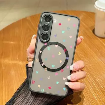 Цветной магнитный чехол для телефона с принтом сердец любви для Samsung S24 FE S23 Ultra S22 A56 A36 A15 A55 A35 A14 A54, матовый прозрачный, для ударопрочного тонкого чехла MagSafe Samsung S25 чёрный