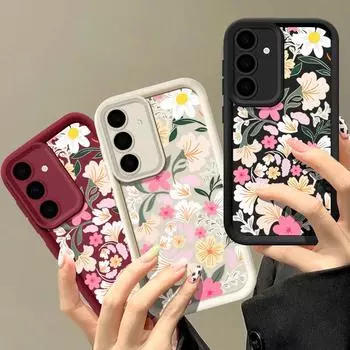 Цветной матовый чехол с цветочным принтом для Samsung S25 Ultra S24 FE S23 S22 A16 A55 A15 A35 A56 A36 A54 A34 A14 TPU мягкий противоударный защитный чехол для объектива телефона Samsung S25 чёрный