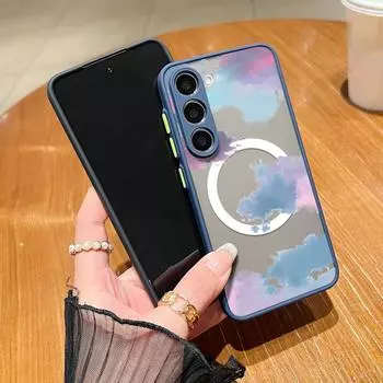Цветной матовый магнитный чехол с облачным принтом для Samsung Galaxy S24 FE S23 Ultra A55 A15 A35 A54 A34 для Magsafe, противоударный защитный чехол для объектива, тонкий чехол для телефона Samsung S24 FE чёрный