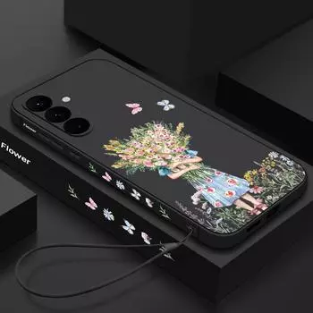 Цветной матовый противоударный чехол с цветочным принтом для Samsung S24 Ultra S23 FE S22 S21 Plus A55 A54 A52 A35 A34 мягкий чехол из ТПУ с ремешком для защиты телефона Samsung A51 4G чёрный