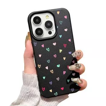 Цветной матовый тонкий чехол для телефона с принтом сердец любви для iPhone 16 Pro Max 15 Pro 14 13 12 11 кожаная текстура противоударный мягкий бампер из ТПУ iPhone 16 чёрный