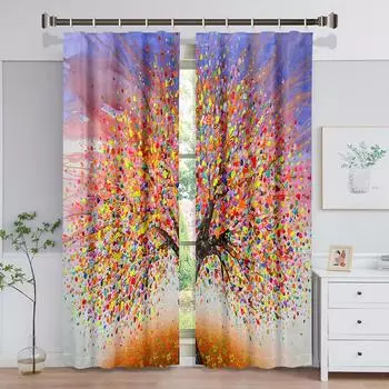 Цветной мечтательный фильтр дерева с природой Тонкие оконные шторы в детской спальне Гостиной Холле Декорации для кухни Домашний декор Шторы W50 X H130(CM)X2&Hook