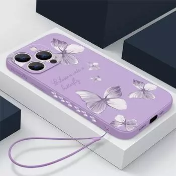 Цветной мягкий чехол из ТПУ с бабочкой для iPhone 15 Pro Max Samsung S24 A54 Xiaomi 13T, полная защита камеры, противоударный с чехлом для ручной веревки iPhone 15 чёрный