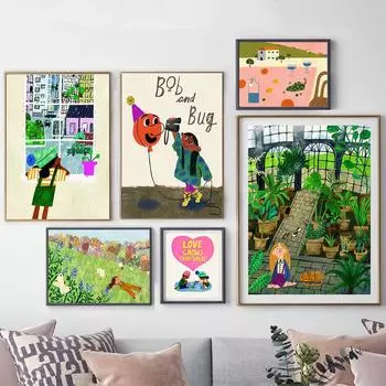 Цветной мультфильм девушка растения декоративная картина печать милый цветок бабочка настенный холст постер спальня подвесные картины домашний декор 21x30cm No Framed чёрный