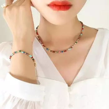Цветной натуральный камень титан сталь бусины персонализированные аксессуары богемный этнический стиль ожерелье модный браслет комплект ювелирных изделий