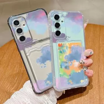 Цветной облачный принт, прозрачный мягкий силиконовый тонкий чехол с отделением для карт для Samsung S24 FE S23 Ultra S22 A16 A55 A15 A35 A54 A14, прозрачный противоударный чехол для телефона Samsung S24 серый