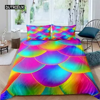 Цветной пододеяльник с изображением чешуи русалки и рыбьей чешуи, комплект постельного белья King Full для детей, мальчиков и девочек, тема океана и моря, покрывало EU single(135x200cm)