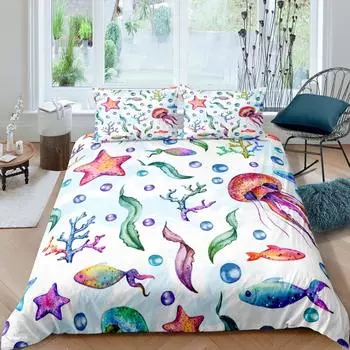 Цветной пододеяльник с изображением медузы, коралловый пододеяльник, комплект постельного белья с изображением морских фантазий и пузырьков, 3 шт. US Queen(228x228cm)