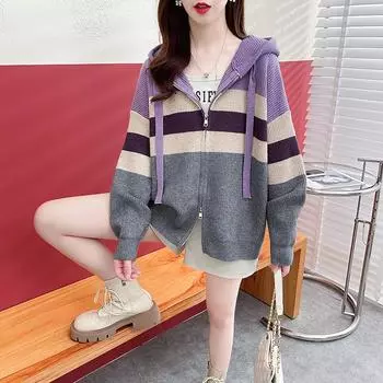 Цветной полосатый вязаный кардиган на молнии с капюшоном для женщин, осень 2023, элитный женский свободный свитер, кардиган, женские топы One Size розовый