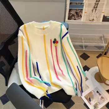 Цветной полосатый вязаный свитер с кисточками, женский стильный свободный модный шикарный пуловер осень-зима с длинным рукавом и круглым вырезом S