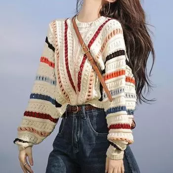 Цветной полосатый вязаный свитер-топ для женщин, свободный свитер-пуловер в стиле ленивой моды для женской осенне-зимней куртки S