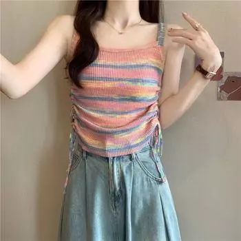 Цветной полосатый жилет для женщин, летняя верхняя одежда с плиссированными женскими трикотажными топами, женская облегающая короткая майка One Size
