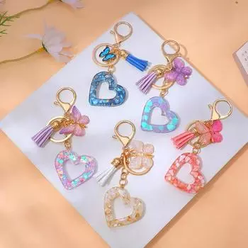 Цветной полый брелок в виде сердца любви, блестящая бабочка, кисточка, кулон из смолы, брелок для ключей, женская сумочка, украшение, аксессуары своими руками, подарок