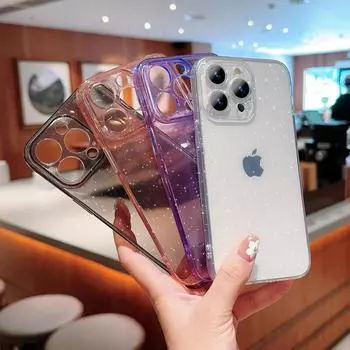 Цветной прозрачный блестящий мягкий чехол для телефона TPU для iPhone 15 Pro Max 14 Plus 13 12 Pro 11 ударопрочный тонкий бампер для защиты линз iPhone 15 чёрный