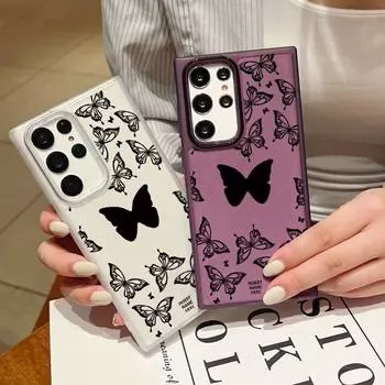 Цветной прозрачный противоударный чехол с принтом бабочки для Samsung S24 Plus S23 Ultra S22 S21 S20 FE A54 A53 A52 A34, мягкий силиконовый чехол для телефона с защитой объектива Samsung S24 чёрный