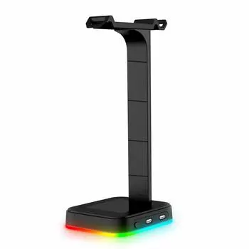 Цветной RGB-держатель проводной гарнитуры для игровой гарнитуры Нескользящая основа Настольный компьютер с двумя USB-накопителями чёрный