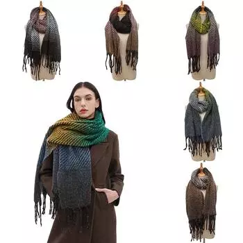 Цветной теплый платок с кисточками, зажим для шали, зимний женский осенний и цветочный градиентный шарф 185*65+10cm