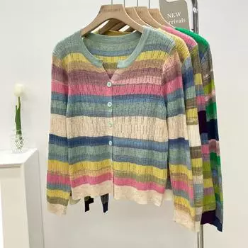 Цветной вязаный свитер, кардиган, женская осенняя новинка с V-образным вырезом, вырезом, полосатым верхом, свитер с длинными рукавами One size синий