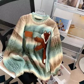 Цветной жаккардовый женский свитер с милым рисунком лисы, декоративный топ, свободный повседневный женский свитер, верхняя одежда One Size