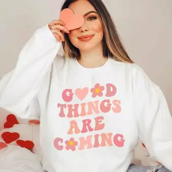 Цветной женский свитер «Good Things Are Coming» в стиле ретро с длинным рукавом, вдохновляющие пуловеры S белый