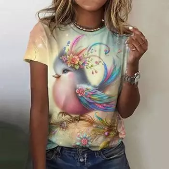 Цветной Животный Птичий 3D Принт Женский Повседневный О-образный Вырез Короткий Рукав Харадзюку Уличная Одежда Y2k Топы S