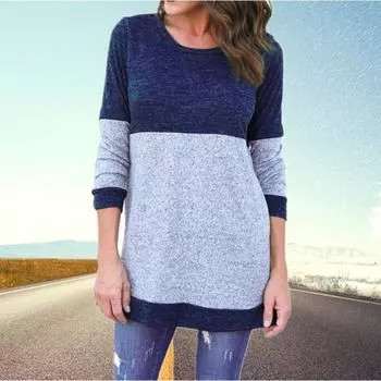 Цветные блоки тонкий свитер толстовка женская базовая рубашка осень зима круглый вырез сшитый длинный рукав футболка S темно-синий
