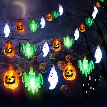 Цветные гирлянды на Хэллоуин, светодиодные 3D-огни в виде тыквы и летучей мыши на батарейках с дистанционным таймером A 3m