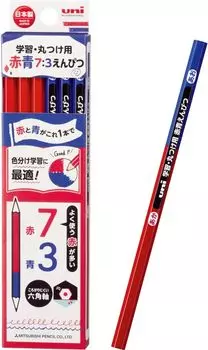 Цветные карандаши Mitsubishi Pencil Uni для обучения и маркировки, карандаши для учеников начальной школы, шестиугольные, 1 дюжина, KGMYAKAO73, красный/синий, 7:3