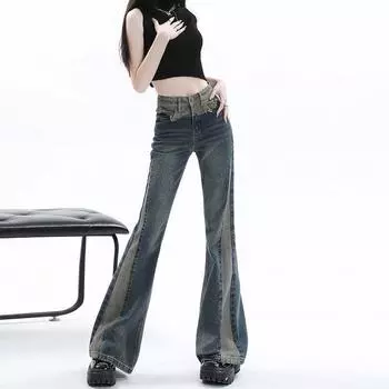 Цветные контрастные расклешенные джинсы женские свободные с высокой талией мопсы S