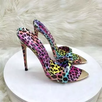 Цветные леопардовые туфли на высоком каблуке для женщин с тонким каблуком, острым носком, открытым носком, высокие каблуки 12 см, сексуальные босоножки 35
