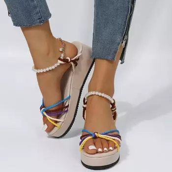 Цветные летние пляжные босоножки в богемном стиле, женские туфли-гладиаторы с ремешком на щиколотке и жемчугом, женские туфли на танкетке, Sandalias De Mujer 43 36 бежевый