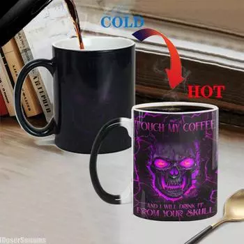 Цветные меняющие чашки кружка Touch My Coffee Mug 11 унций 3D огненный череп черная керамическая кружка для кофе подарочная кружка на Хэллоуин геймер муж чашка для чая 301-400ml фиолетовый