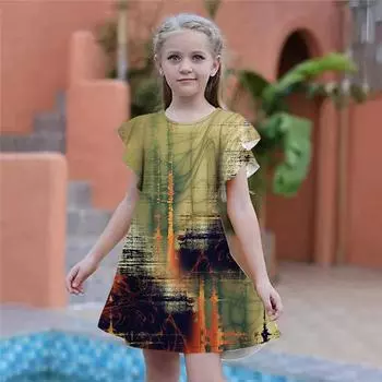 Цветные платья с перекрестным принтом для девочек. Детское праздничное платье для девочек. Свободный крой. Свободная юбка с короткими рукавами для девочек старше четырех лет. 80 жёлтый